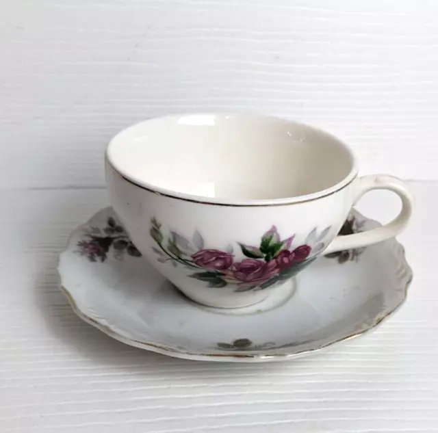 White  Tea Cup & Saucer Pink Roses W/Gold Rims 5 Oz Capacity Japan