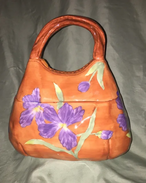 Vtg WCL Ceramic Purse Cookie Jar Floral Flower Design Orange Purple Green Iris