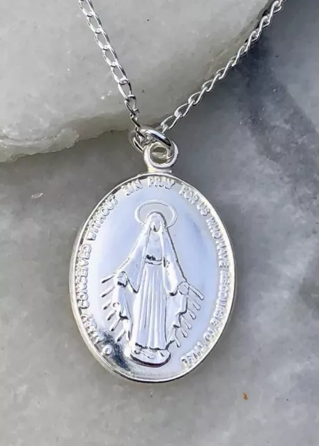 Sterling Silver Virgin Mary Miraculous Medal 22 Inch Chain UK Supply Free Box