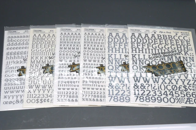 Lote de 6 Paquetes de Cartas de Transferencia Seca Zipatone Varios Tamaños Italia Libro/Italia Med