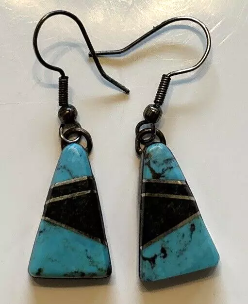 Vintage Navajo Nez Sterling Silver Turquoise   Inlay Drop Earrings .