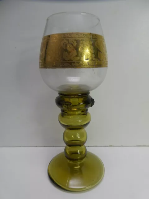 Etched Gold Gilt Grape Vine Green Glass Ornate Stem Goblet Wine Glass