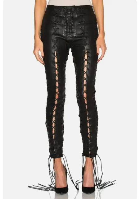 Women's Leather Pants Black Lace Up Real Leather Pants Biker