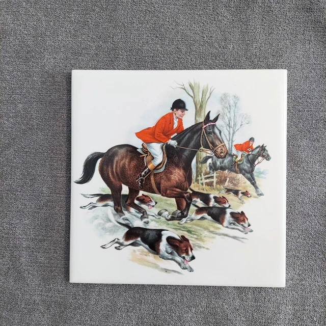 Vintage English Hunting Scene Tile Cork Backed Trivet Horse Dogs Frameable