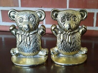 Vintage Solid Brass Teddy Bear Book Ends 5 inches tall