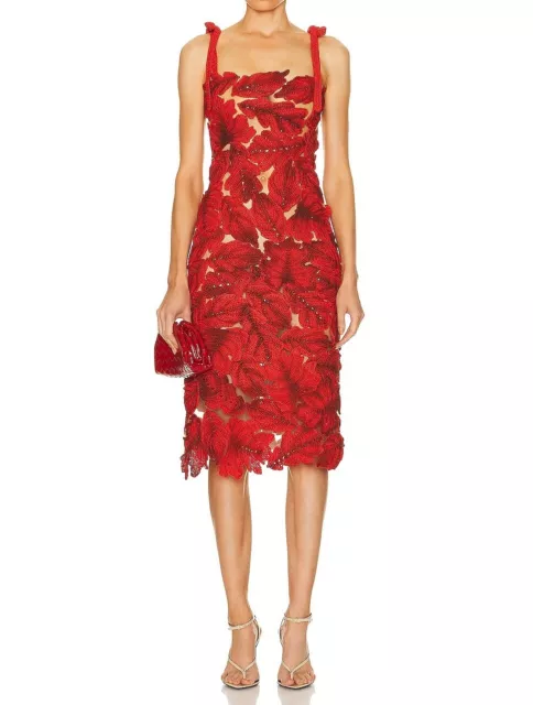 $4490 Oscar de la Renta Leaf Applique Crochet Tulle Midi Dress Sienna Red Size M