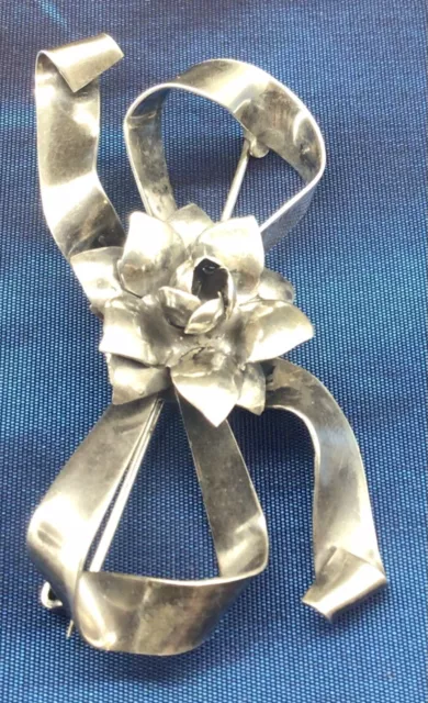 Vintage 1950s Raffaele Mid- Century Sterling Silver Rose With Bow Brooch Pin 2