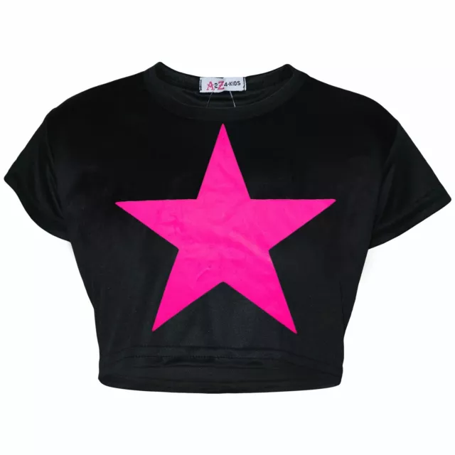 Kids Girls Crop Top Star Print Black Stylish Trendy Fashion T Shirt Top 5-13 Yrs