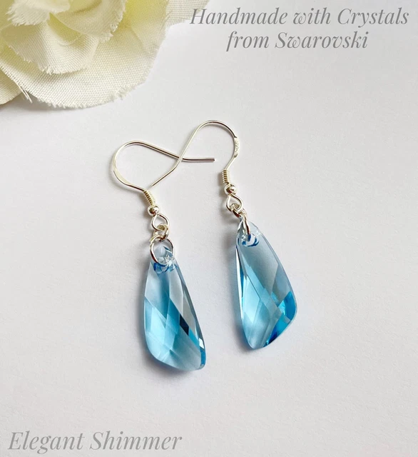 Sterling Silver Earrings with Swarovski®️ 23mm Aquamarine Wing Crystals. Gift