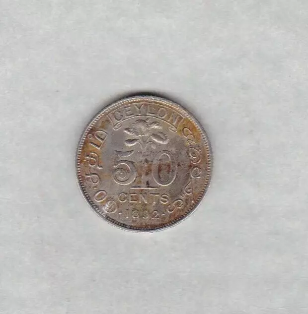 1892 Ceylon Victoria Silver 50 Cents Coin In Good Very Fine Condition.