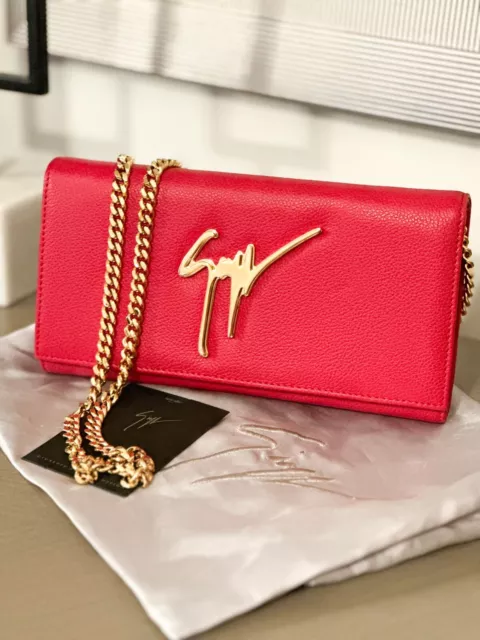 Giuseppe Zanotti Red Leather Gold Logo Chain Crossbody Signature Clutch Bag