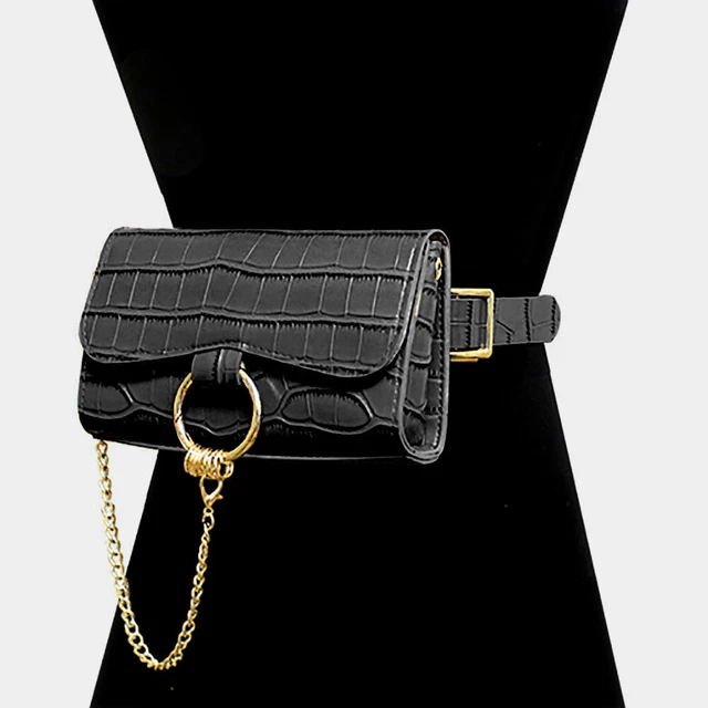 NEW Faux Black Croc Leather Convertible Waist Belt Clutch Fanny Pack Handbag
