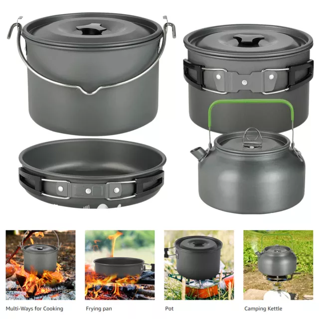 Camping Cookware Mess Kit Large Size Hanging Pot Pan Kettle w/ Bag for 6 Person