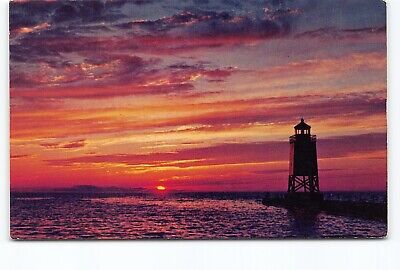 Sunset Over Lake Michigan Lighthouse & Pier MI Chrome Postcard Vtg Unposted