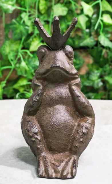 Rustic Cast Iron Whimsical Toad Frog Prince With Crown Figurine Paperweight