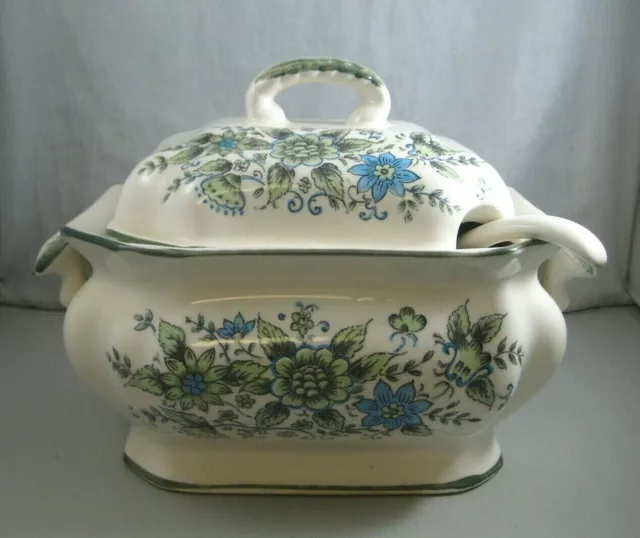 Vintage Nasco Stoneware Blue Floral Soup Tureen Covered Dish with Ladle Japan