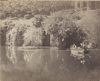 Original Albumen Photograph Of Beautiful Quiet Pond W/ Man In Extravagant Boat