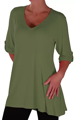 Womens Fashion 3/4 Sleeve V Neck Plain Long Casual Plus Size Blouse Tunic Top