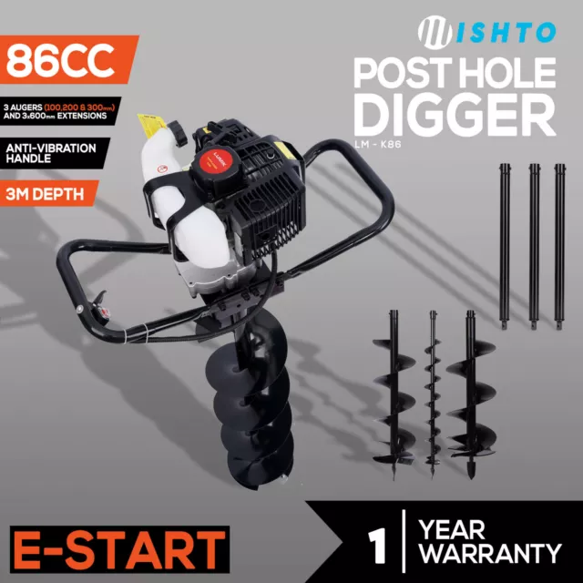 Post Hole Digger 86cc Posthole Earth Auger Petrol Drill Bits Bore 3 Augers 3 Ex