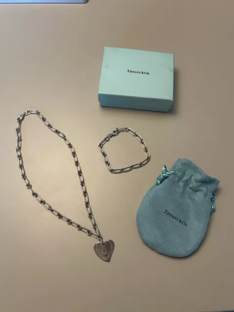Tiffany & Co. Double Mini Heart Charm Necklace And Bracelet 925 Sterling Silver
