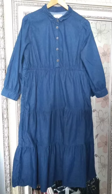 MONSOON Ladies Blue Denim 100% Cotton Collared Buttoned Tiered Midi Dress UK 16