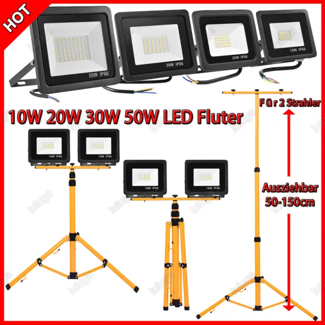 2x LED Fluter Außenstrahler 10/20/30/50W Scheinwerfer Baustrahler mit Stativ DHL