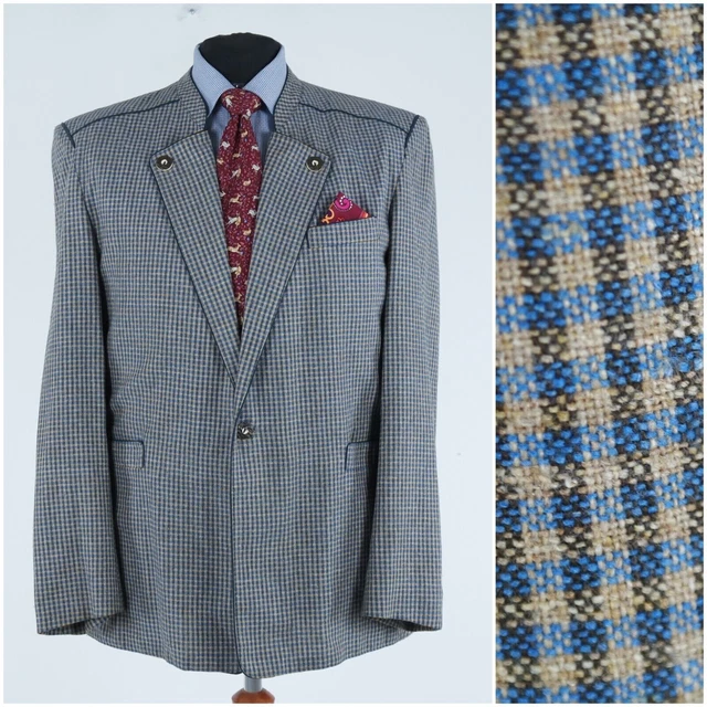 Mens STEINBOCK US 46R Plaid Blue Trachten Loden Summer Blazer Sport Coat Jacket