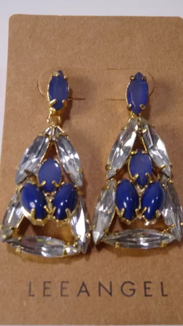 Lee Angel Women's Lapis Blue Cabochon Gold Crystal Triangle Drop earrings NWT 70