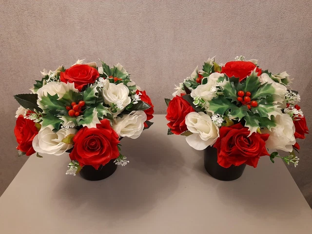 2 x Christmas Artificial Flower Grave/Cemetery Pots