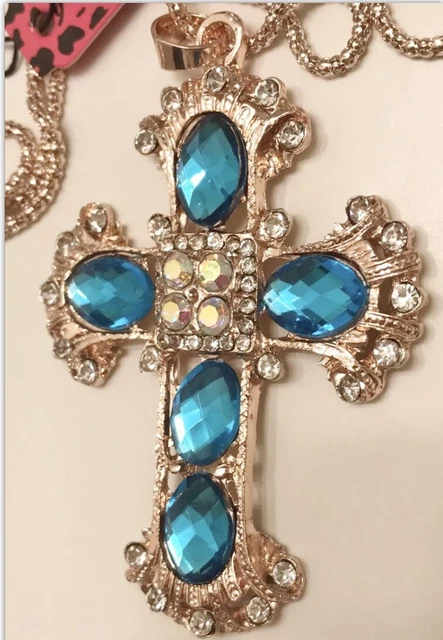 Betsey Johnson Blue Enamel Crystal Crucifix Cross Pendant Chain Necklace NWT