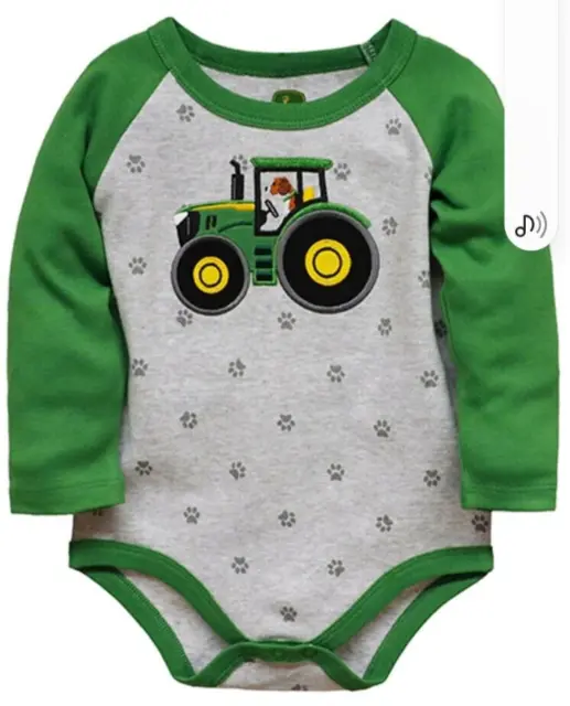 JOHN DEERE BOY'S one-piece Green/Gray tractors paw prints Size 6/9 M ...