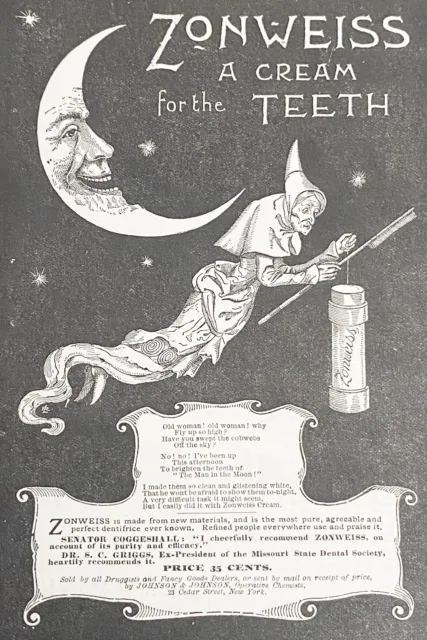 1887 Vtg Halloween Art Print Ad ZONWEISS Teeth Cream~Man in the Moon&Witch Poem