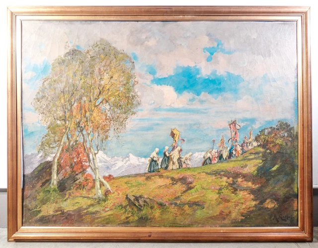 ⚜️ Quadro Firmato Mario Gachet Processione Frassineto Canavese Dipinto Olio Tela