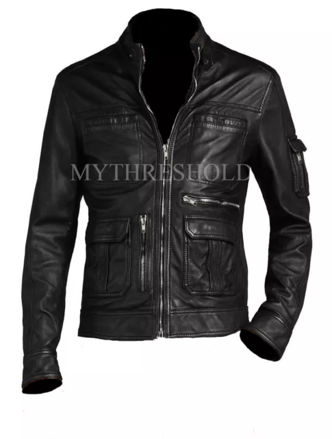 Men's Genuine Lambskin Black Motorcycle Leather Biker Jacket Slim Fit