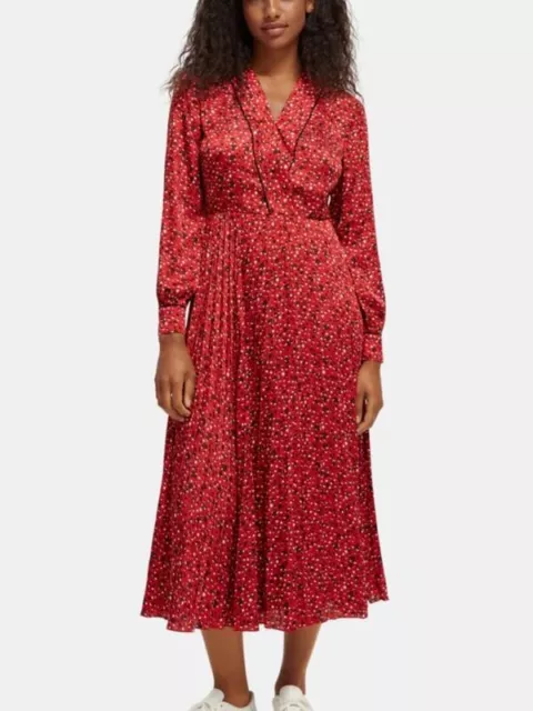 Scotch & Soda Midi Dress Red Space Floral Surplice Long Sleeve Pleated Satin M