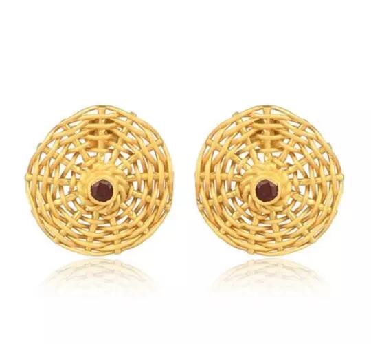 Wire Wrapped Stud Earrings Yellow Gold Plated Small Garnet Spiral Brass Earring