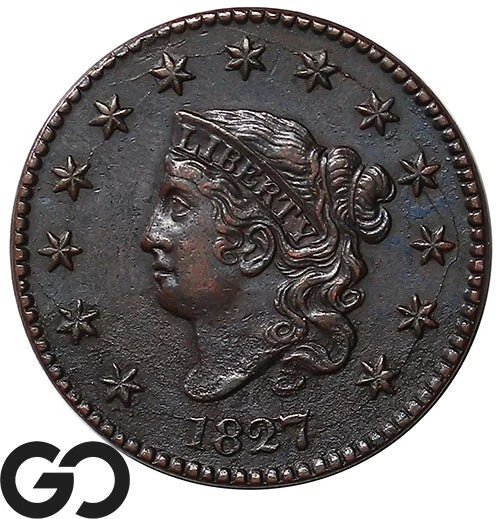 1827 Large Cent, Classic Head, Choice AU Early Date Copper ** Free Shipping!