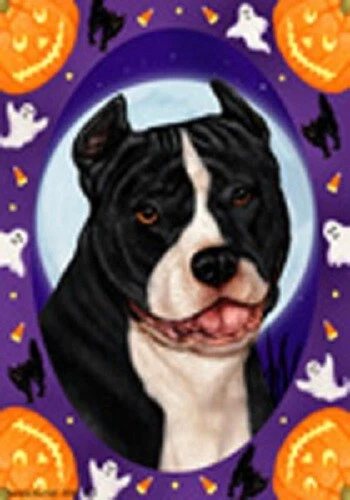 Halloween Garden Flag - Black and White American Pit Bull Terrier 124051