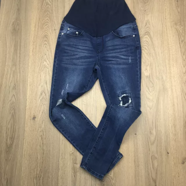 Boohoo Maternity Jeans Sz 12 NWT Ripped Skinny Leg Over Belly Band Blue 2