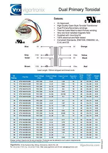 VIGORTRONIX Transformateur toroïdal secteur 15 VA 2 x 115 V  2 x 6 V VTX-146-... 2