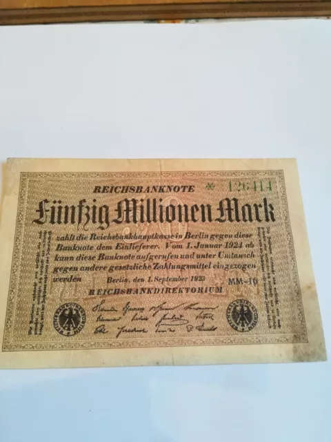 Reichsbanknote Fünfzig Millionen Mark 1.September.1923 Grüner Stern