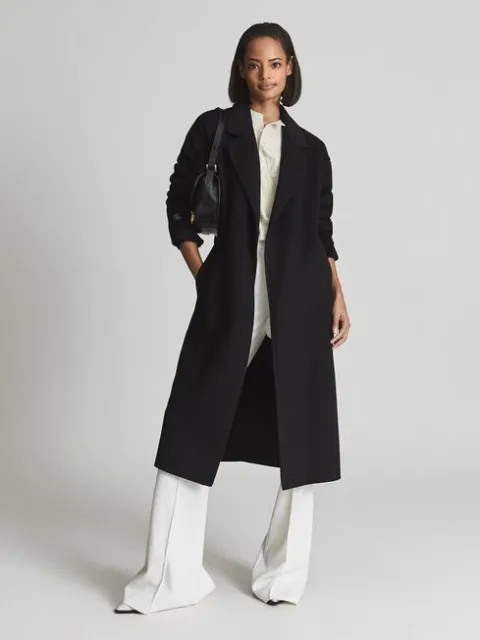 New Reiss Olive Wool Blend Oversized Overcoat In Black Sz US 12/ UK 16 $620