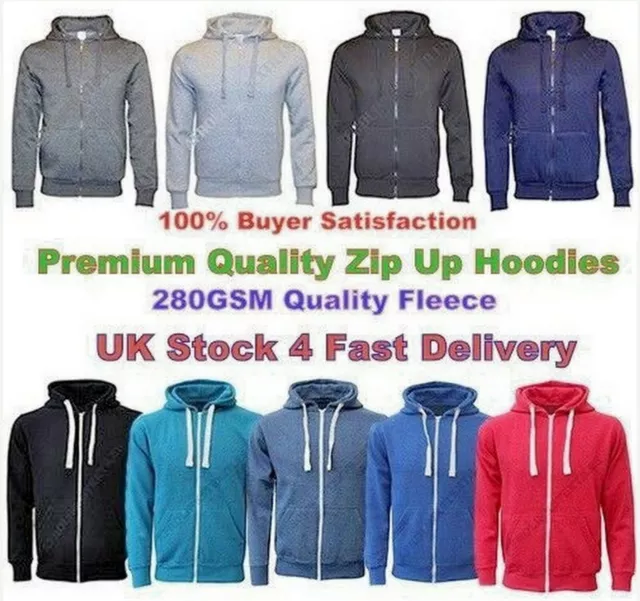 Mens Plain Full Zip Up Hoodie Adult Sweatshirt Hooded Fleece Zipper Hoody Top U