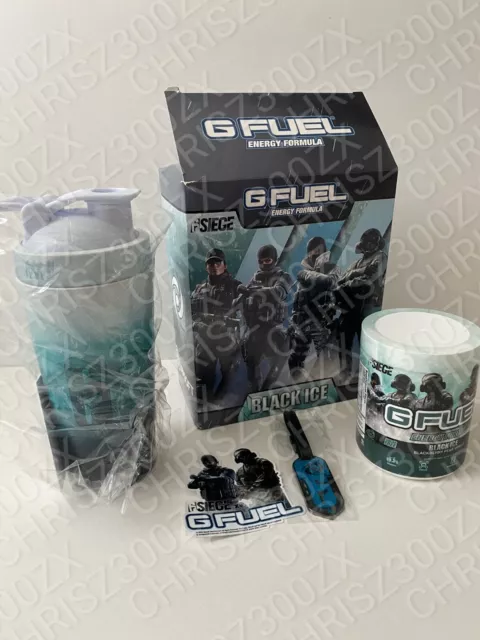 Caja de Coleccionista de Hielo Negro GFUEL Six Siege + Dije Agitador de Metal Etiqueta G Fuel DENT C