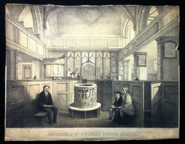 RARE "Interior of the Parich Church of St Nicholas, Brighton" F. Nash, c1845