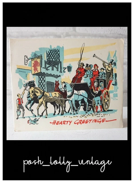Vintage 1930's UNUSED Christmas Horse & Carriage Pub Greeting Card EB2591