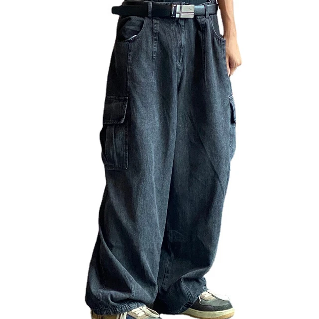 MEN BAGGY JEANS Hip Hop Denim Pants Cargo Pockets Loose Dance