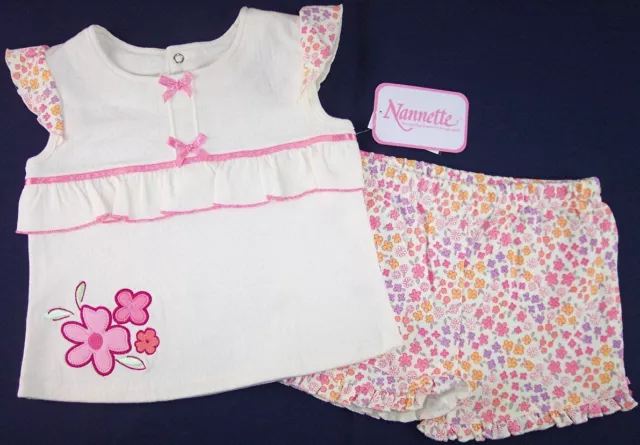 NWT Nannette Girls 2 Pc Retro Floral Shorts Set Outfit, 6-9M or 12M