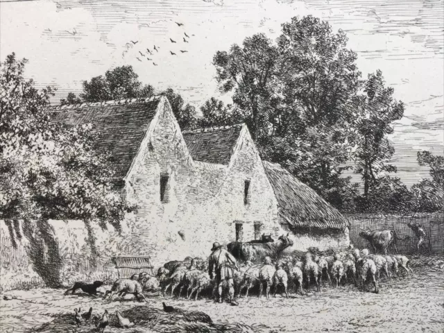 Charles Emile JACQUE EAU FORTE ORIGINALE « Une Ferme » Troupeau Moutons Barbizon