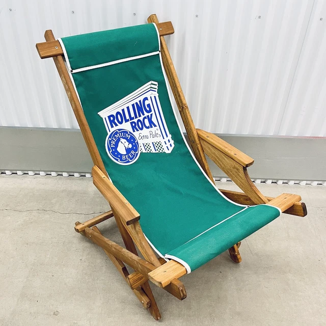 VTG Folding Rolling Rock Beach Deck Lounge Chair Green Canvas - Rare 90’s Promo